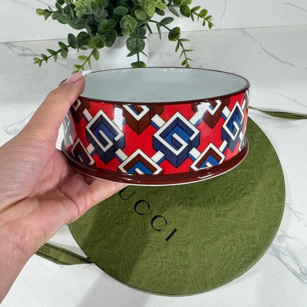 Authentic Gucci Red Geometric Pattern Pet Bowl